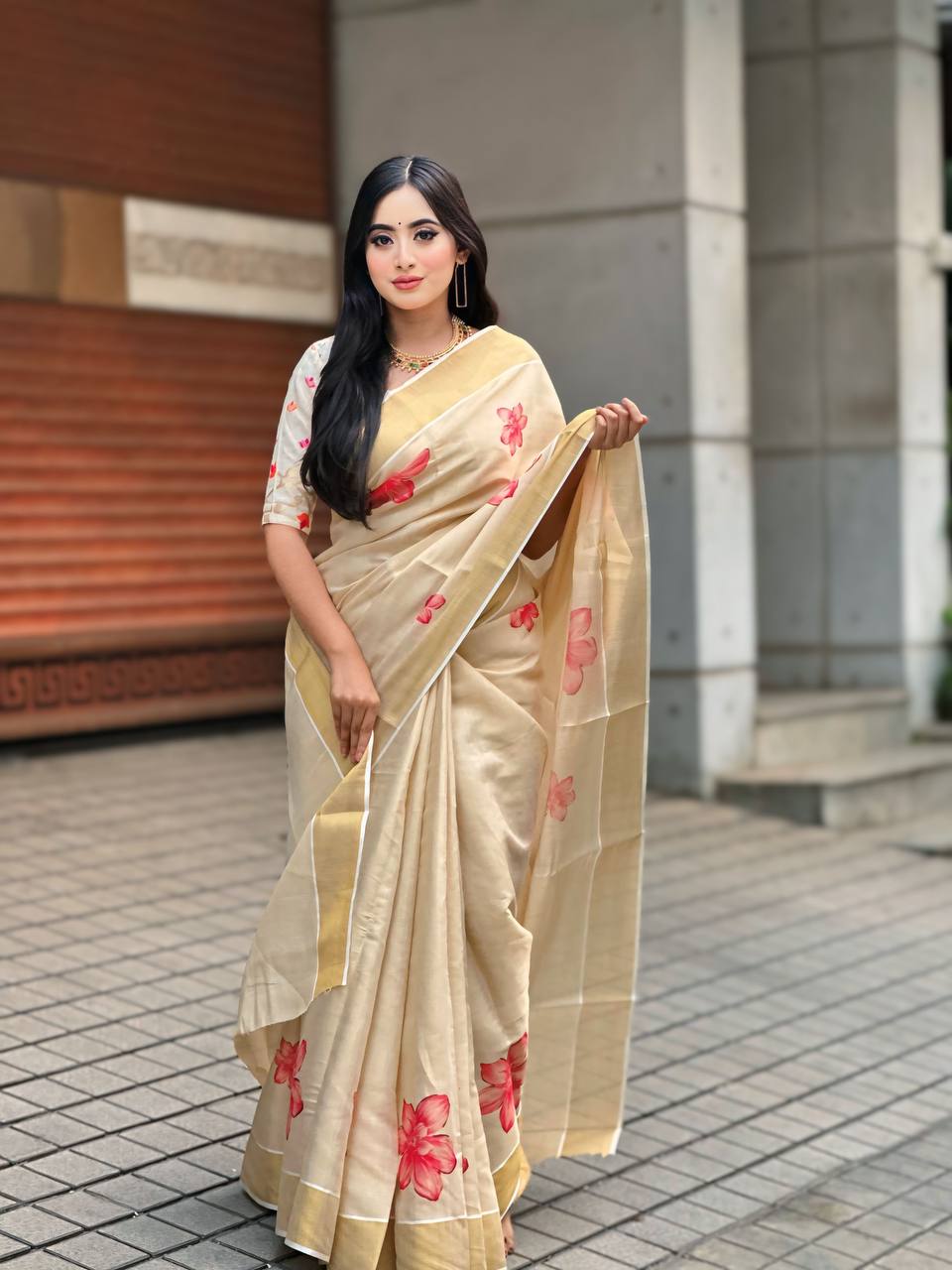 Beige Soft Banarasi Saree with Red Floral Prints – Soft & Lightweight Party Wear Saree for Women