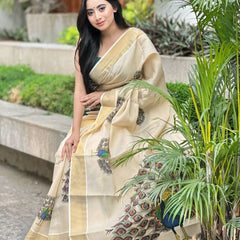 Beige Soft Banarasi Saree with Majestic Peacock Print – Elegant Traditional Wear for Women