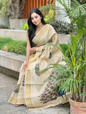 Beige Soft Banarasi Saree with Majestic Peacock Print – Elegant Traditional Wear for Women