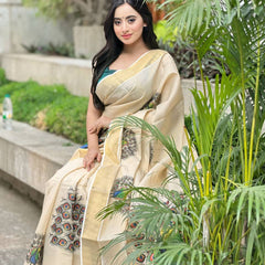 Beige Soft Banarasi Saree with Majestic Peacock Print – Elegant Traditional Wear for Women
