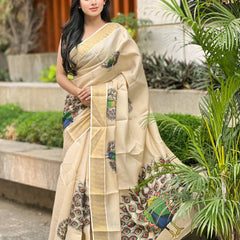Beige Soft Banarasi Saree with Majestic Peacock Print – Elegant Traditional Wear for Women