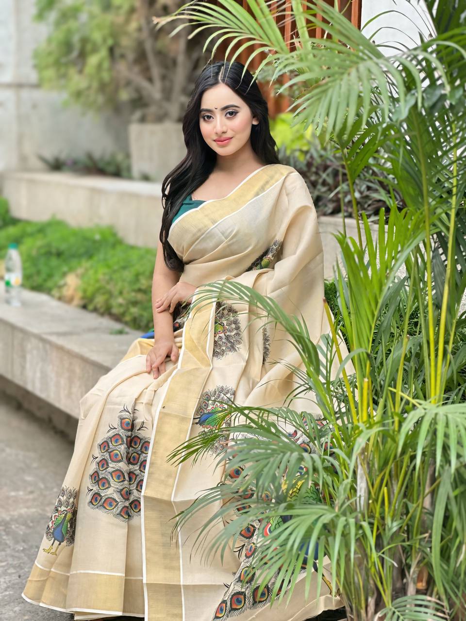 Beige Soft Banarasi Saree with Majestic Peacock Print – Elegant Traditional Wear for Women