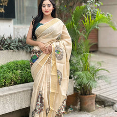 Beige Soft Banarasi Saree with Majestic Peacock Print – Elegant Traditional Wear for Women
