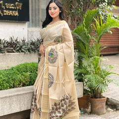 Beige Soft Banarasi Saree with Majestic Peacock Print – Elegant Traditional Wear for Women
