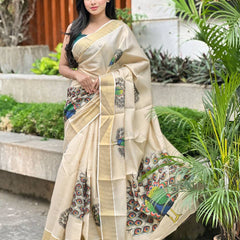 Beige Soft Banarasi Saree with Majestic Peacock Print – Elegant Traditional Wear for Women