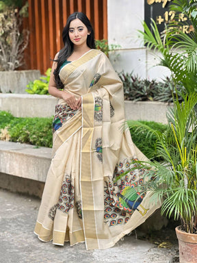 Beige Soft Banarasi Saree with Majestic Peacock Print – Elegant Traditional Wear for Women
