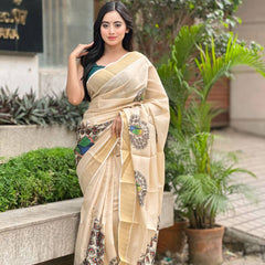 Beige Soft Banarasi Saree with Majestic Peacock Print – Elegant Traditional Wear for Women