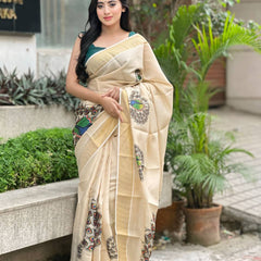 Beige Soft Banarasi Saree with Majestic Peacock Print – Elegant Traditional Wear for Women