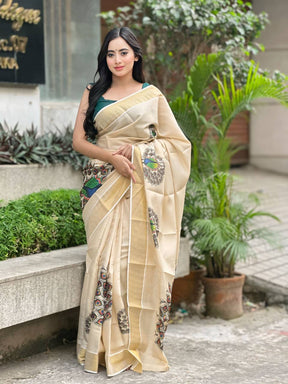 Beige Soft Banarasi Saree with Majestic Peacock Print – Elegant Traditional Wear for Women
