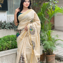 Beige Soft Banarasi Saree with Majestic Peacock Print – Elegant Traditional Wear for Women