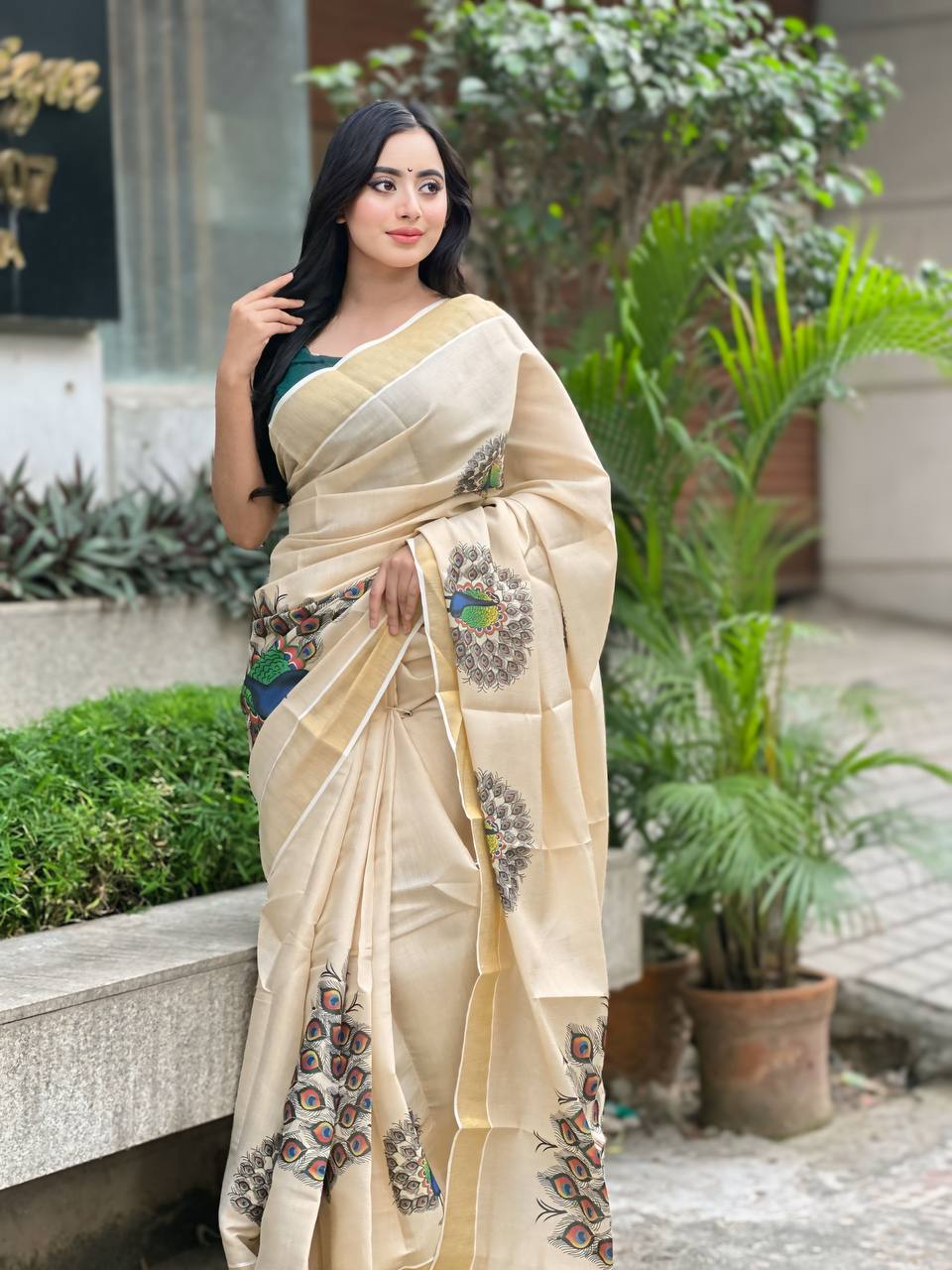 Beige Soft Banarasi Saree with Majestic Peacock Print – Elegant Traditional Wear for Women
