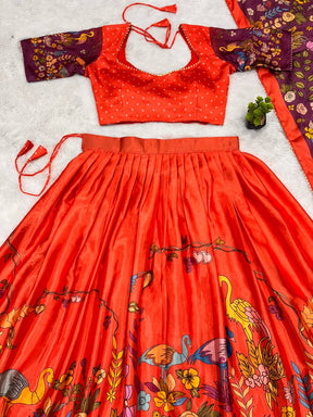 Orange Handcrafted Madhubani Print Lehenga Set with Contrast Purple Dupatta – Ethnic & Festive Wear for Women
