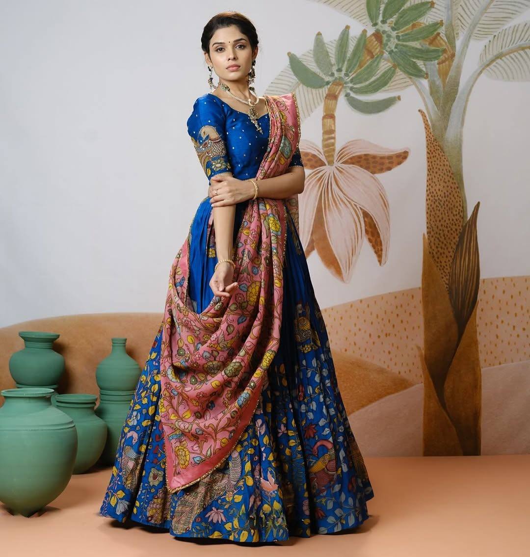 Royal Blue Handcrafted Madhubani Print Lehenga Set with Contrast Pink Dupatta – Ethnic & Festive Wear for Women