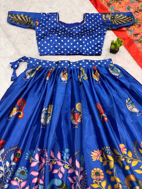 Royal Blue Handcrafted Madhubani Print Lehenga Set with Contrast Pink Dupatta – Ethnic & Festive Wear for Women