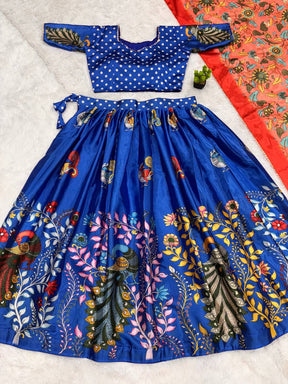 Royal Blue Handcrafted Madhubani Print Lehenga Set with Contrast Pink Dupatta – Ethnic & Festive Wear for Women