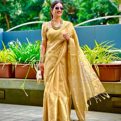 Elegant Golden Silk Saree with Intricate Brocade Work – Traditional Festive Wear for Women