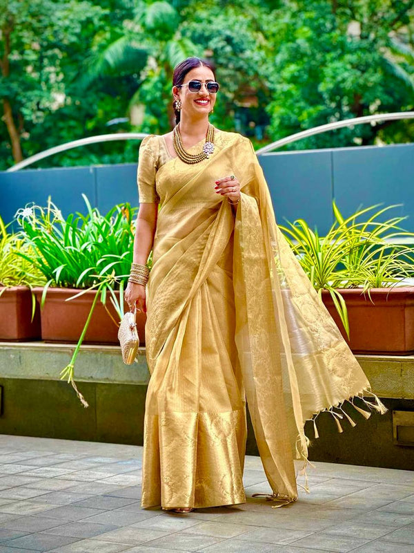 Elegant Golden Silk Saree with Intricate Brocade Work – Traditional Festive Wear for Women