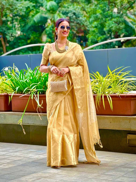 Elegant Golden Silk Saree with Intricate Brocade Work – Traditional Festive Wear for Women