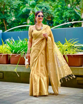 Elegant Golden Silk Saree with Intricate Brocade Work – Traditional Festive Wear for Women