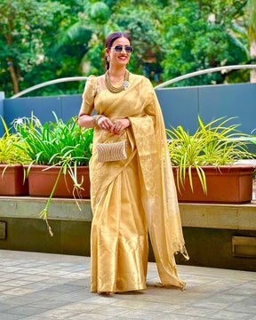 Elegant Golden Silk Saree with Intricate Brocade Work – Traditional Festive Wear for Women