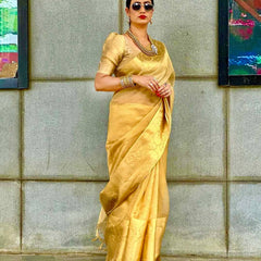 Elegant Golden Silk Saree with Intricate Brocade Work – Traditional Festive Wear for Women