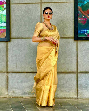 Elegant Golden Silk Saree with Intricate Brocade Work – Traditional Festive Wear for Women