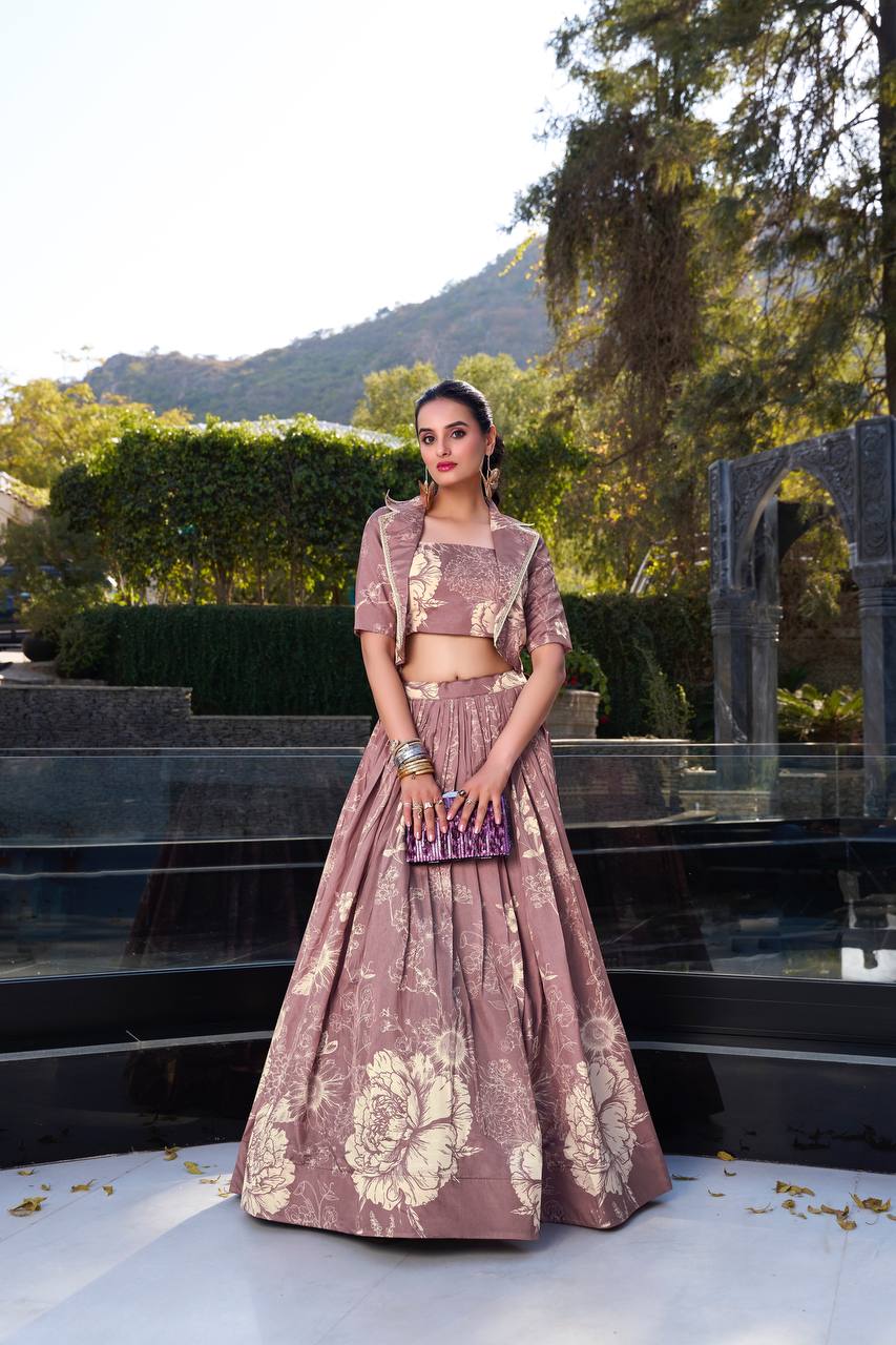 Elegant Brown Floral Printed Lehenga Set with Crop Top & Jacket – Festive & Wedding Wear for Women