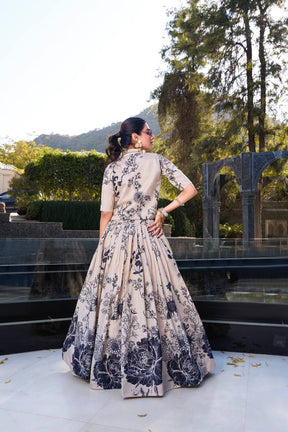 Elegant Beige Floral Printed Lehenga Set with Crop Top & Jacket – Festive & Wedding Wear for Women