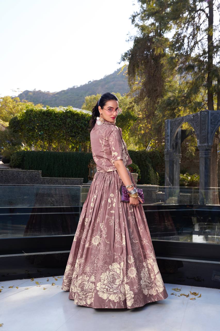 Elegant Brown Floral Printed Lehenga Set with Crop Top & Jacket – Festive & Wedding Wear for Women