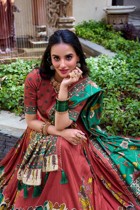 Rust Red Traditional Lehenga Set with Green Floral Dupatta & Folk Art Print – Ethnic Festive Wear