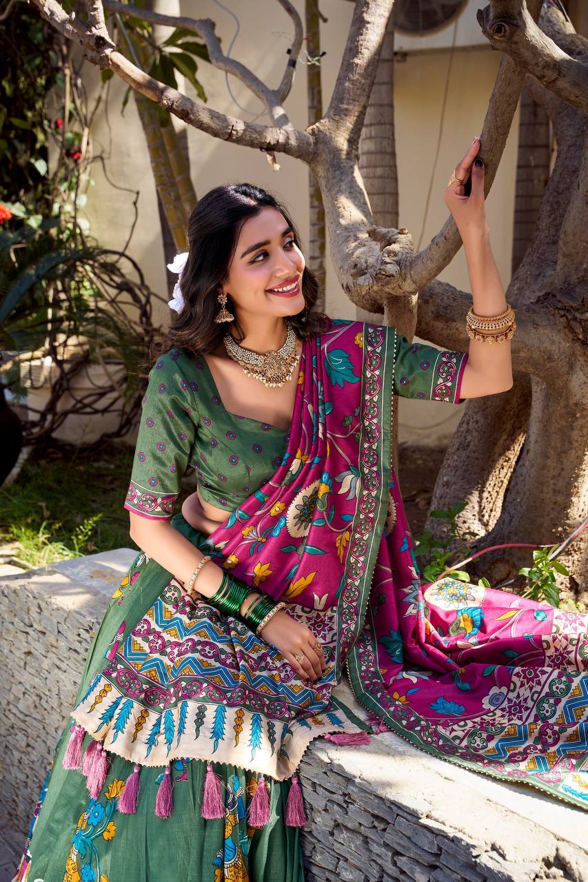 Green Traditional Lehenga Set with Pink Dupatta & Folk Art Border – Festive Ethnic Wear for Women