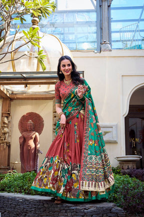 Rust Red Traditional Lehenga Set with Green Floral Dupatta & Folk Art Print – Ethnic Festive Wear