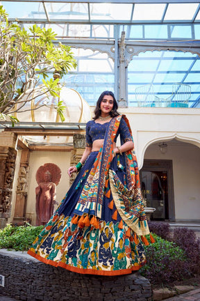 Navy Blue Ethnic Lehenga Set with Kalamkari Print & Orange Floral Dupatta – Festive Traditional Wear