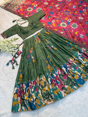 Green Traditional Lehenga Set with Pink Dupatta & Folk Art Border – Festive Ethnic Wear for Women