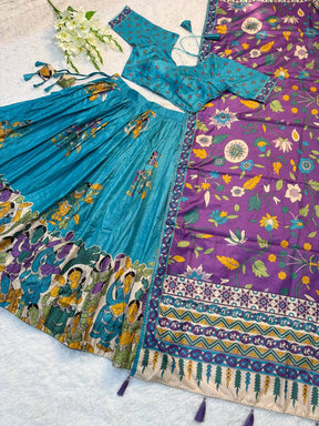 Teal Blue Traditional Lehenga Set with Purple Dupatta & Folk Art Border – Festive Ethnic Wear for Women