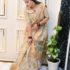 Elegant Beige Linen Saree with Traditional Madhubani-Inspired Print – Ethnic Casual & Festive Wear for Women