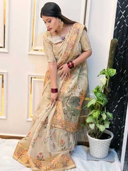 Elegant Beige Linen Saree with Traditional Madhubani-Inspired Print – Ethnic Casual & Festive Wear for Women
