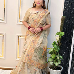 Elegant Beige Linen Saree with Traditional Madhubani-Inspired Print – Ethnic Casual & Festive Wear for Women
