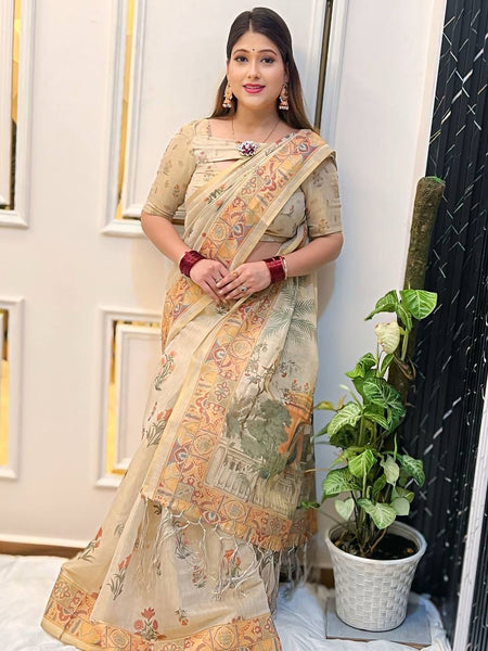 Elegant Beige Linen Saree with Traditional Madhubani-Inspired Print – Ethnic Casual & Festive Wear for Women