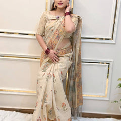 Elegant Beige Linen Saree with Traditional Madhubani-Inspired Print – Ethnic Casual & Festive Wear for Women
