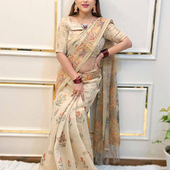 Elegant Beige Linen Saree with Traditional Madhubani-Inspired Print – Ethnic Casual & Festive Wear for Women
