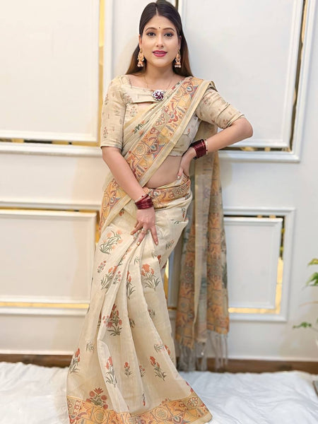 Elegant Beige Linen Saree with Traditional Madhubani-Inspired Print – Ethnic Casual & Festive Wear for Women