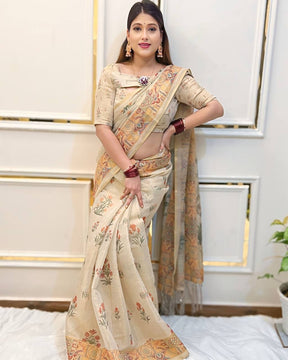 Elegant Beige Linen Saree with Traditional Madhubani-Inspired Print – Ethnic Casual & Festive Wear for Women