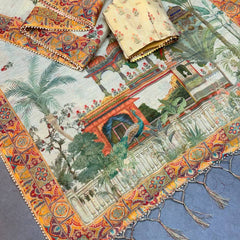 Elegant Beige Linen Saree with Traditional Madhubani-Inspired Print – Ethnic Casual & Festive Wear for Women