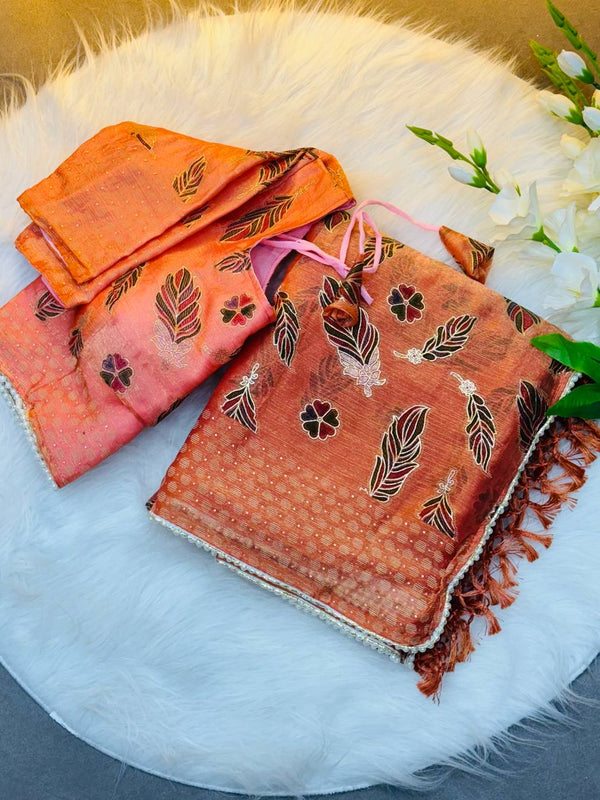 Designer Orange Silk Saree For Women