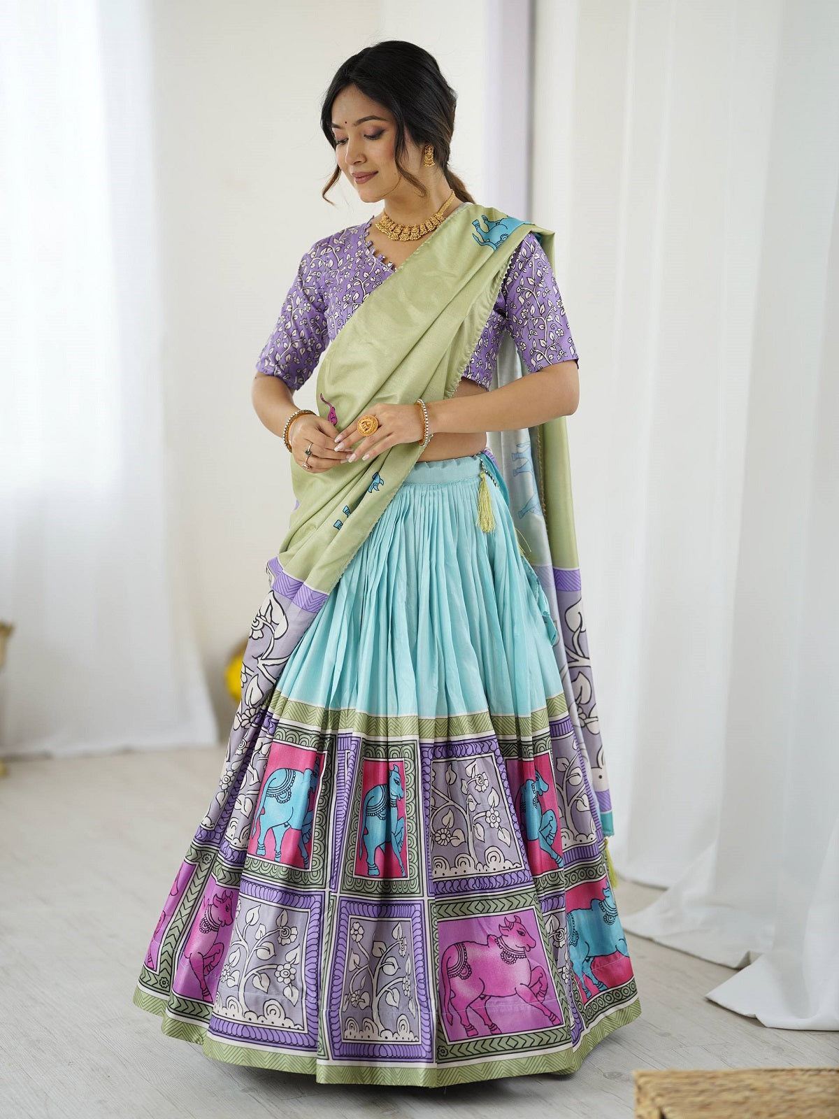 Pastel Multicolor Tribal Horse Print Lehenga Choli Set – Handcrafted Festive Wear for Women