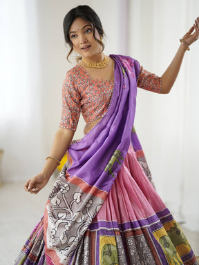 Designer Handcrafted Lehenga Set – Pink & Purple With Elephant Motif and Mirror Work Blouse