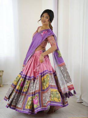 Designer Handcrafted Lehenga Set – Pink & Purple With Elephant Motif and Mirror Work Blouse