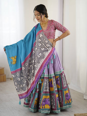 Vibrant Multicolor Traditional Lehenga Set with Blue Dupatta & Animal Block Prints – Festive Ethnic Wear