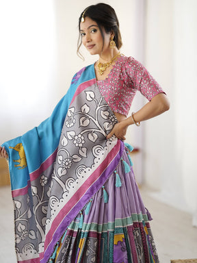 Vibrant Multicolor Traditional Lehenga Set with Blue Dupatta & Animal Block Prints – Festive Ethnic Wear